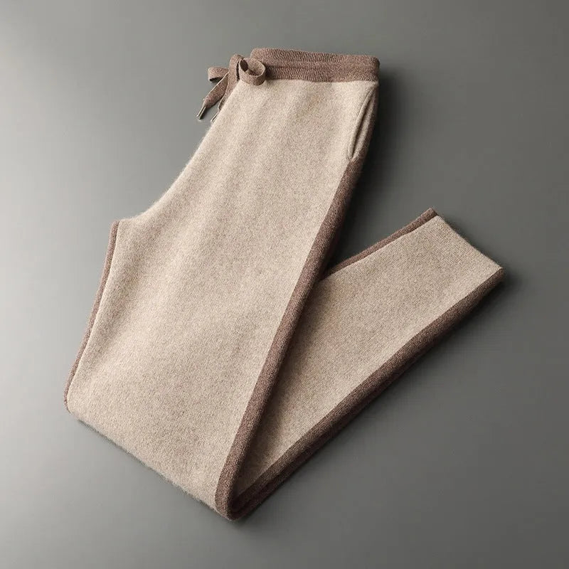 Men's camel cashmere blend half turtleneck zip-up cardigan suit with trousers