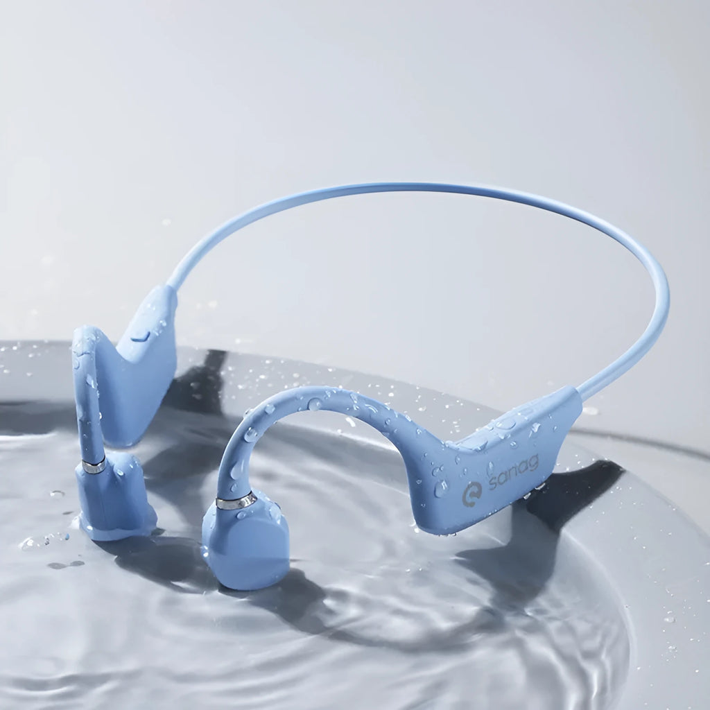 Wireless bone conduction Bluetooth sports headset in hanging neck design on a person running.