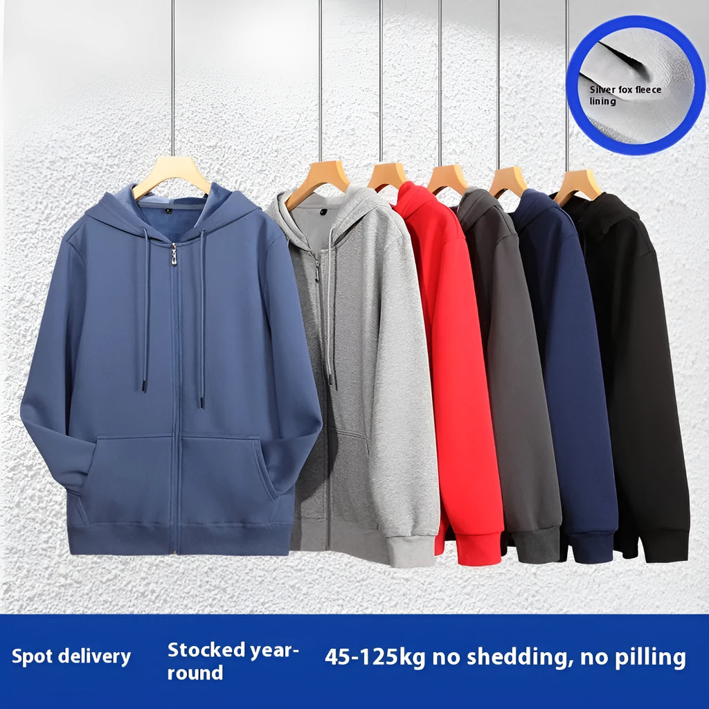 Men's plus size zipper hooded sweater in charcoal grey, showing front zipper and top stitching pockets