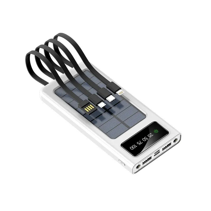 Solar power bank with integrated charging cable in black or white plastic casing