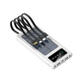 Solar power bank with integrated charging cable in black or white plastic casing