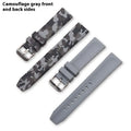 Green camouflage silicone watch strap with flat head design shown alongside blue and gray versions.