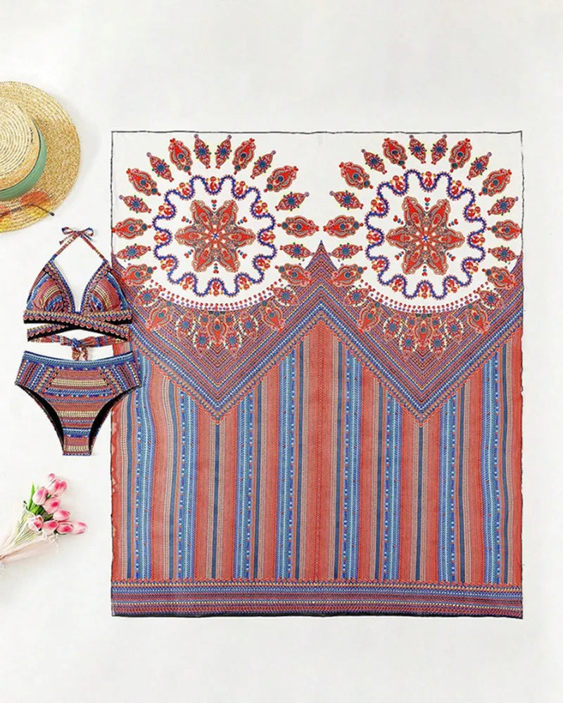 Women's three-piece swimsuit set showing high-waist briefs, sleeveless cutout blouse, and matching coat in picture colour