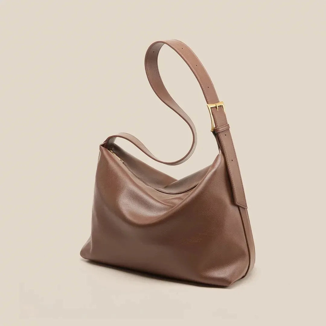 Soft collapse PU one-shoulder large capacity tote bag with sandwich pocket, 35x16.5x25cm, brown colour