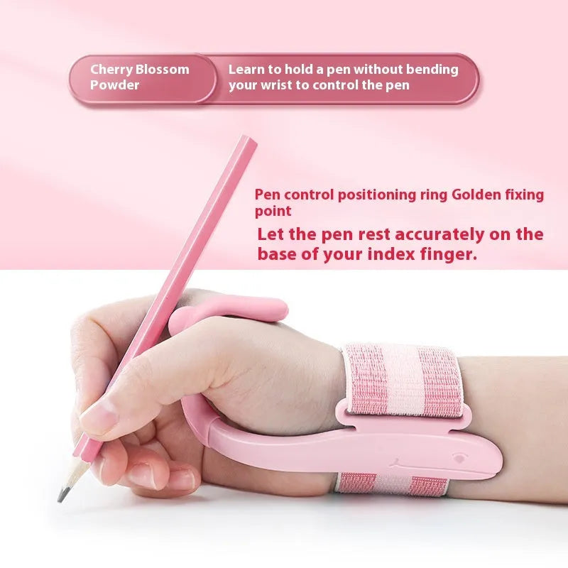 Blue Anti-hook Holder Pen Control Corrector wrist brace on a hand holding a pencil.