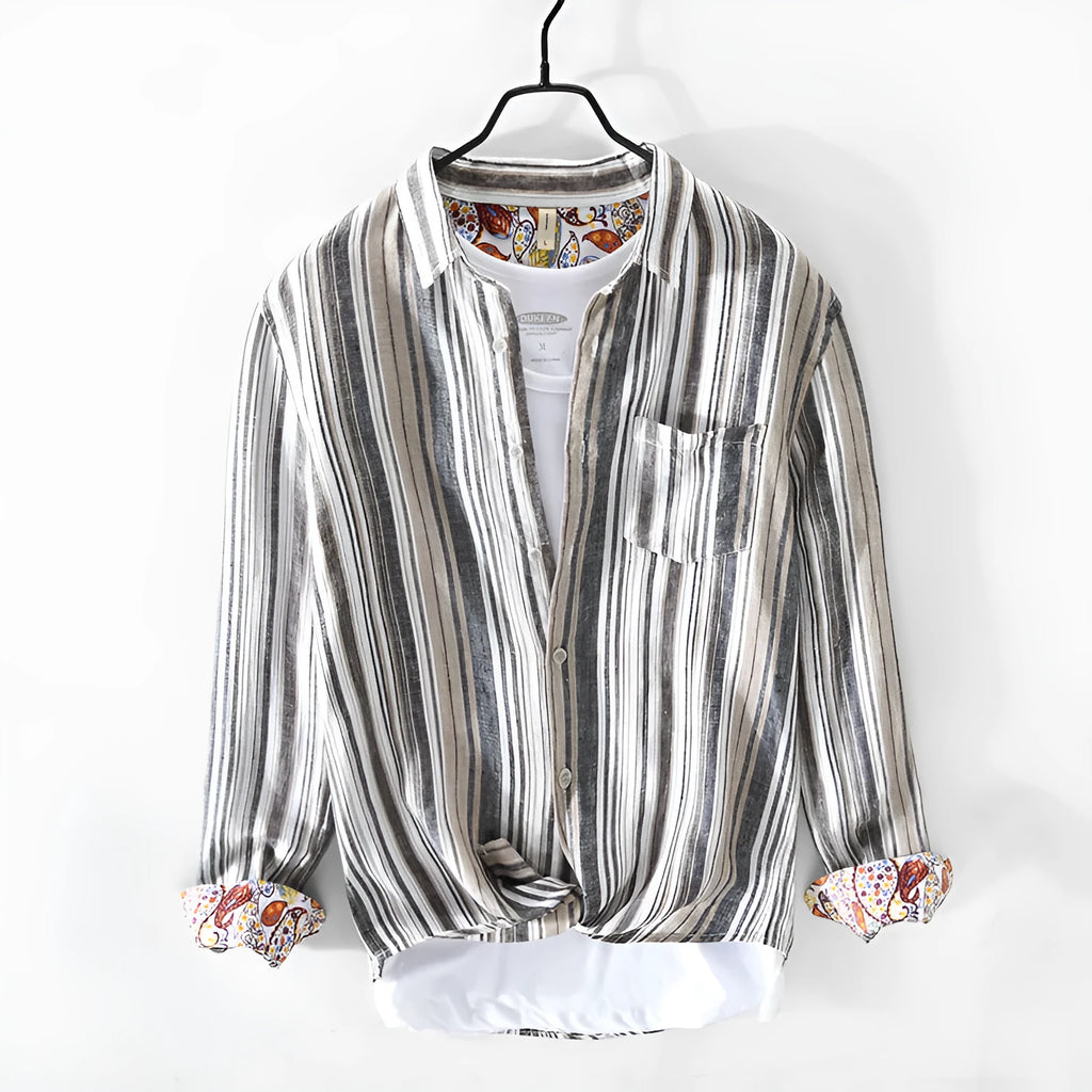 Men's striped linen shirt in red or gray with long sleeves and loose fit