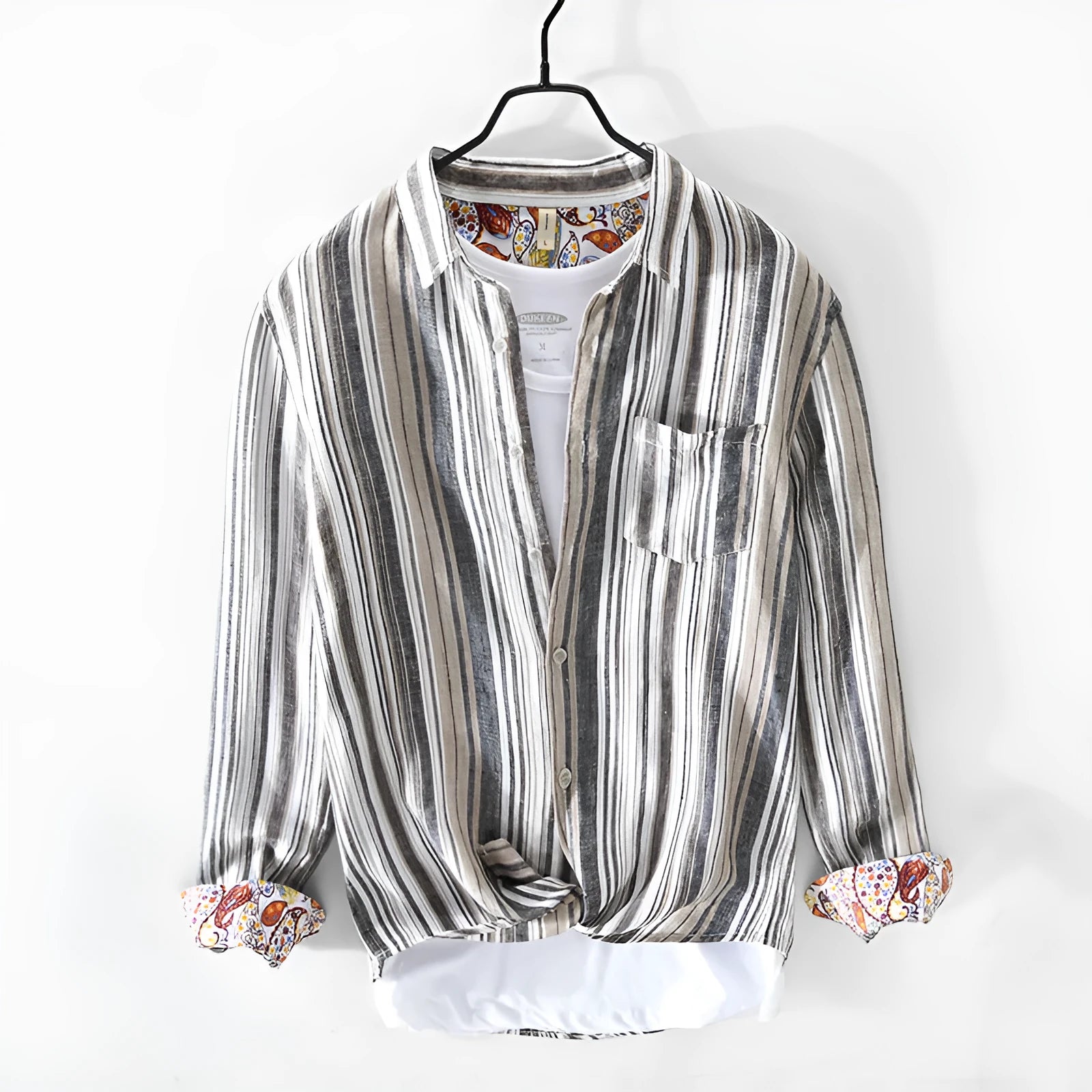 Men's striped linen shirt in red or gray with long sleeves and loose fit