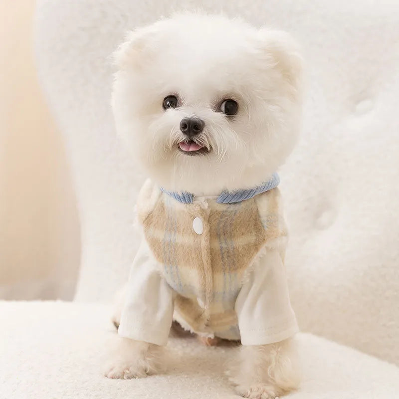 Blue corduroy dog hooded vest with chessboard grid pattern and adjustable drawstring
