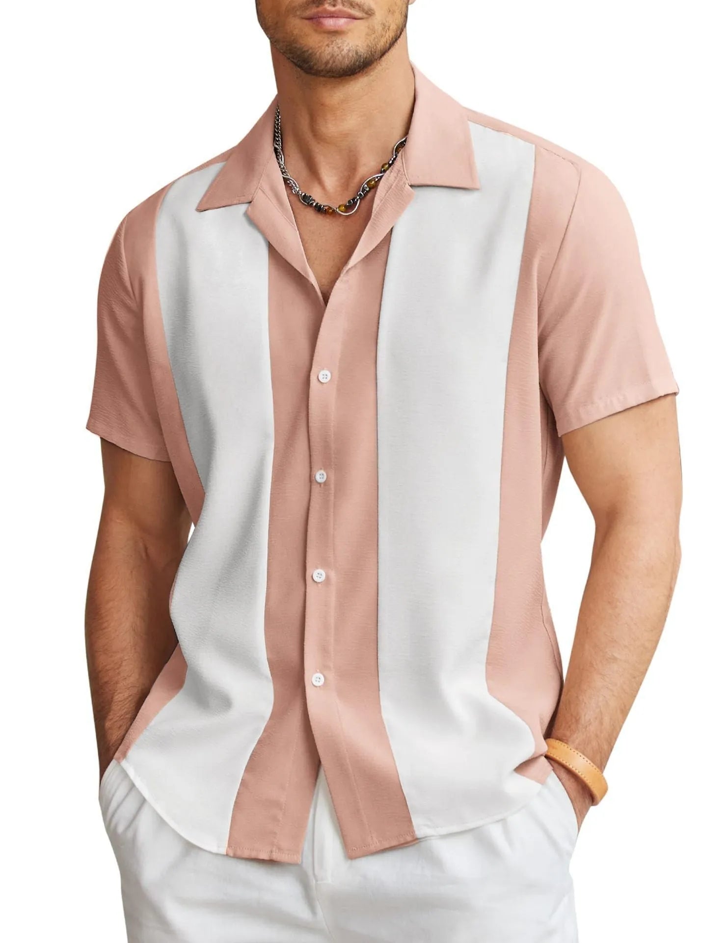 Man wearing a slim fit, short sleeve Hawaiian shirt with a cardigan style in a colourful digital print pattern.