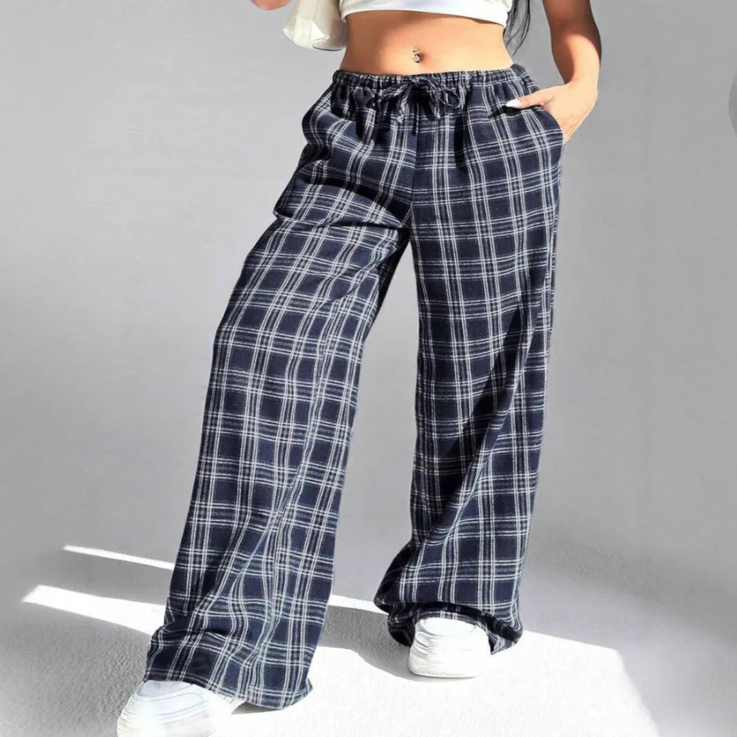 Women's casual trousers with drawstring waist and plaid pocket in red or blue