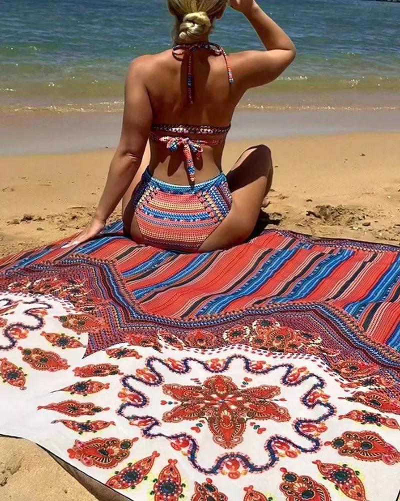 Women's three-piece swimsuit set showing high-waist briefs, sleeveless cutout blouse, and matching coat in picture colour