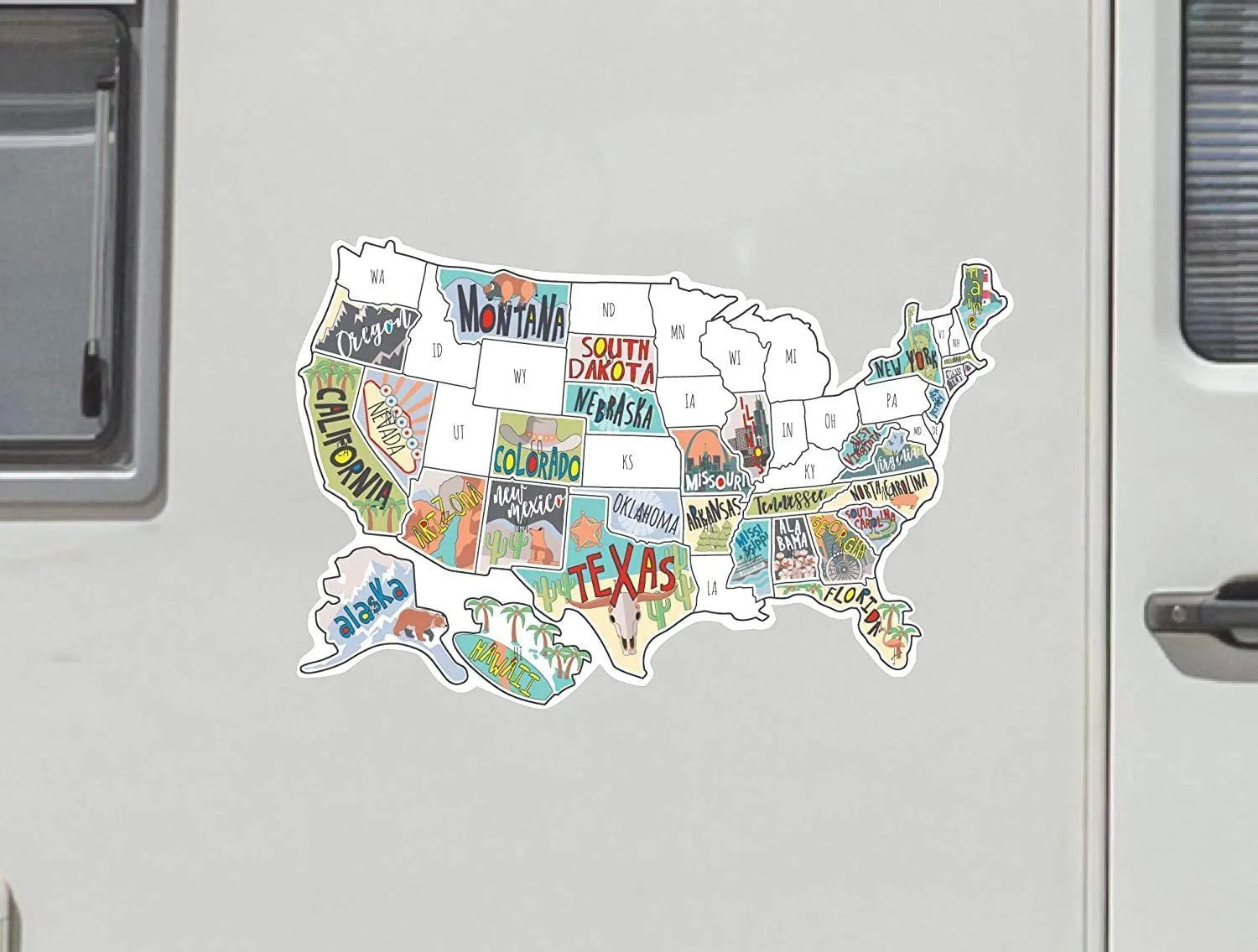 Travel-themed car sticker set showing map artwork and lettering with white application background