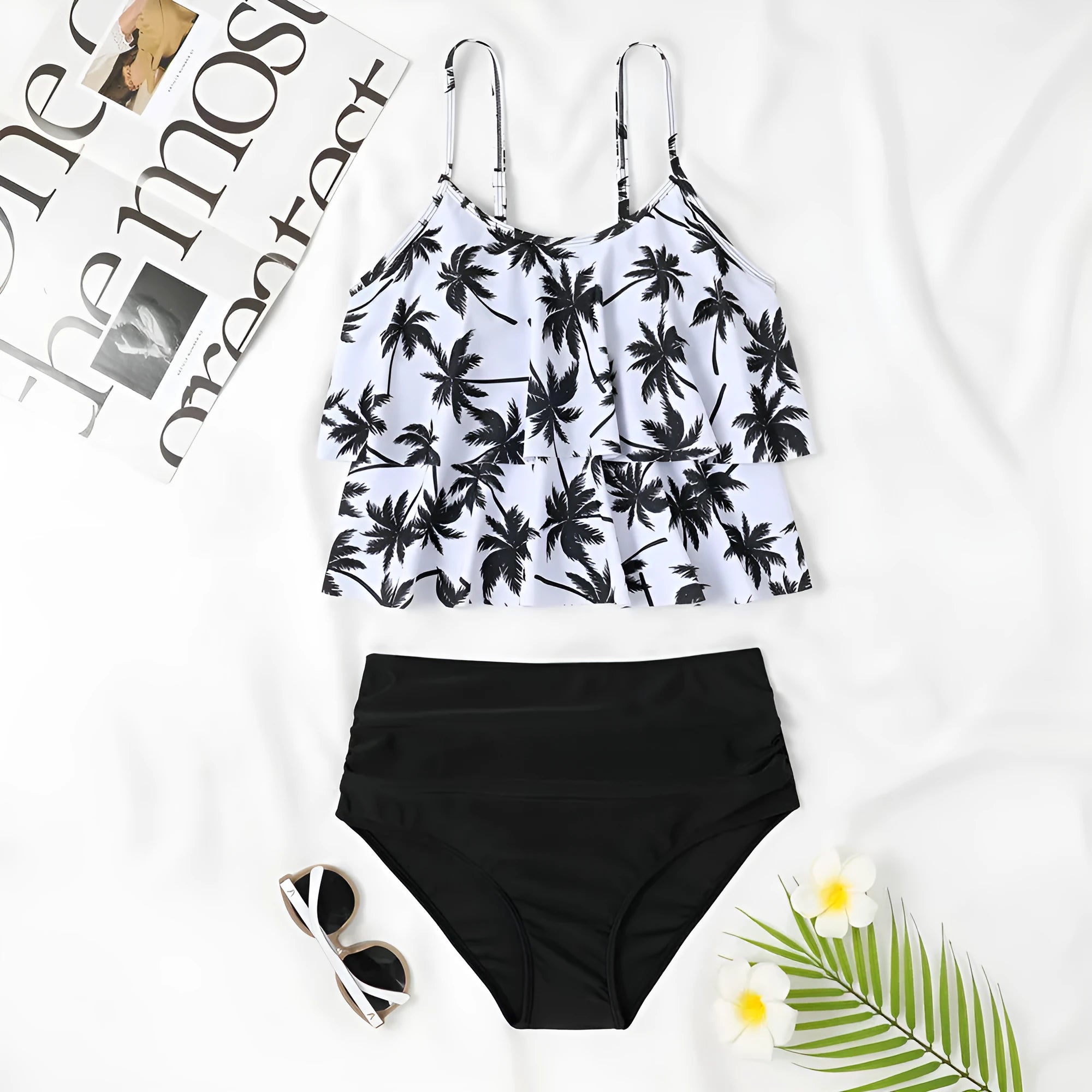 Women's high waist double-layer swimsuit with floral print and sleeveless briefs design