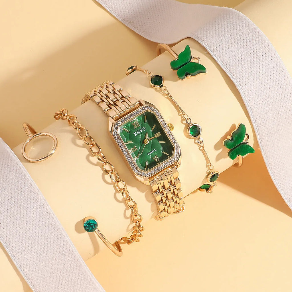 Gold green square ladies watch with four matching alloy bracelets in jewellery gift set
