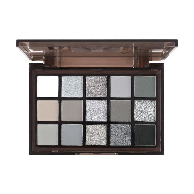 15 colour matte eyeshadow palette with grey, black and brown shades for smoky eye makeup