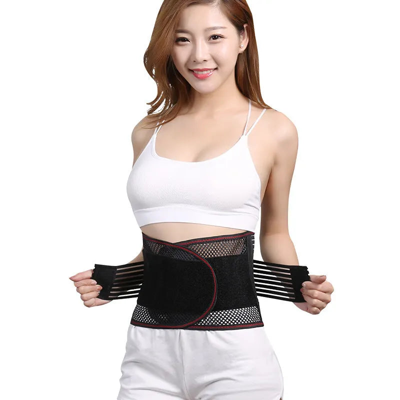 Black sports waist support belt with steel plate for decompression, shown on a model.