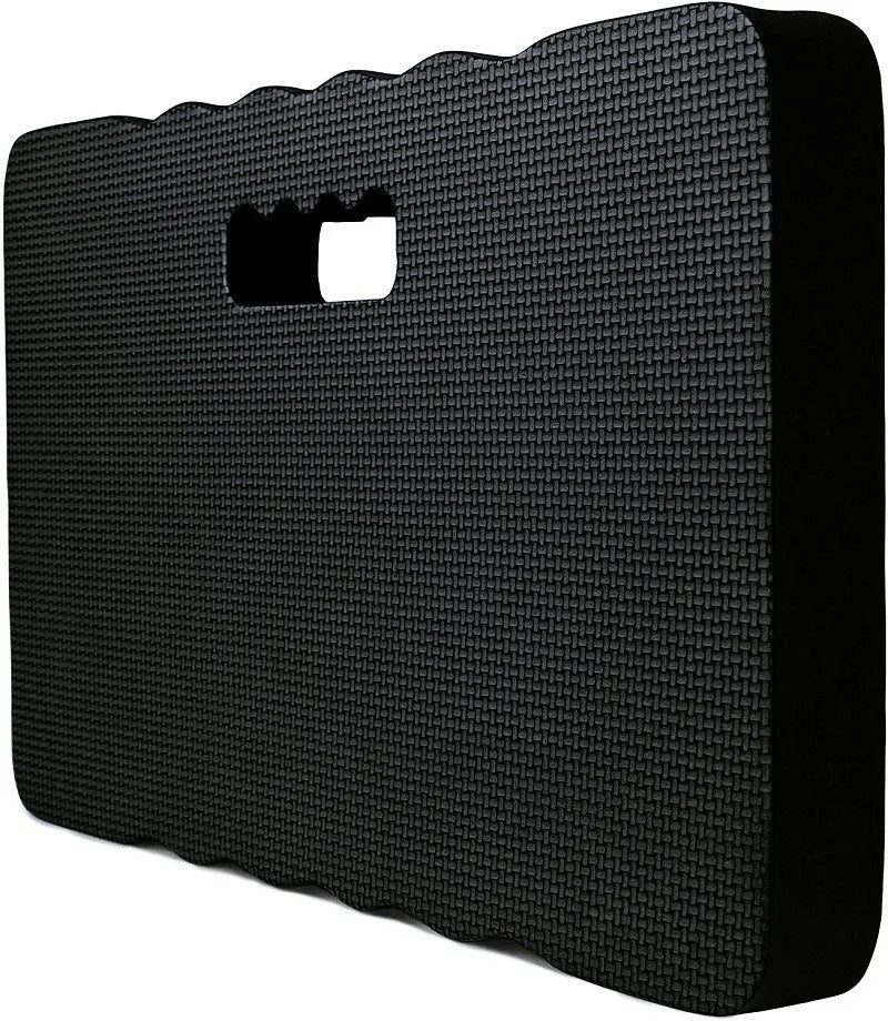 Blue EVA foam garden kneeler pad on grass, showing dimensions for outdoor kneeling.