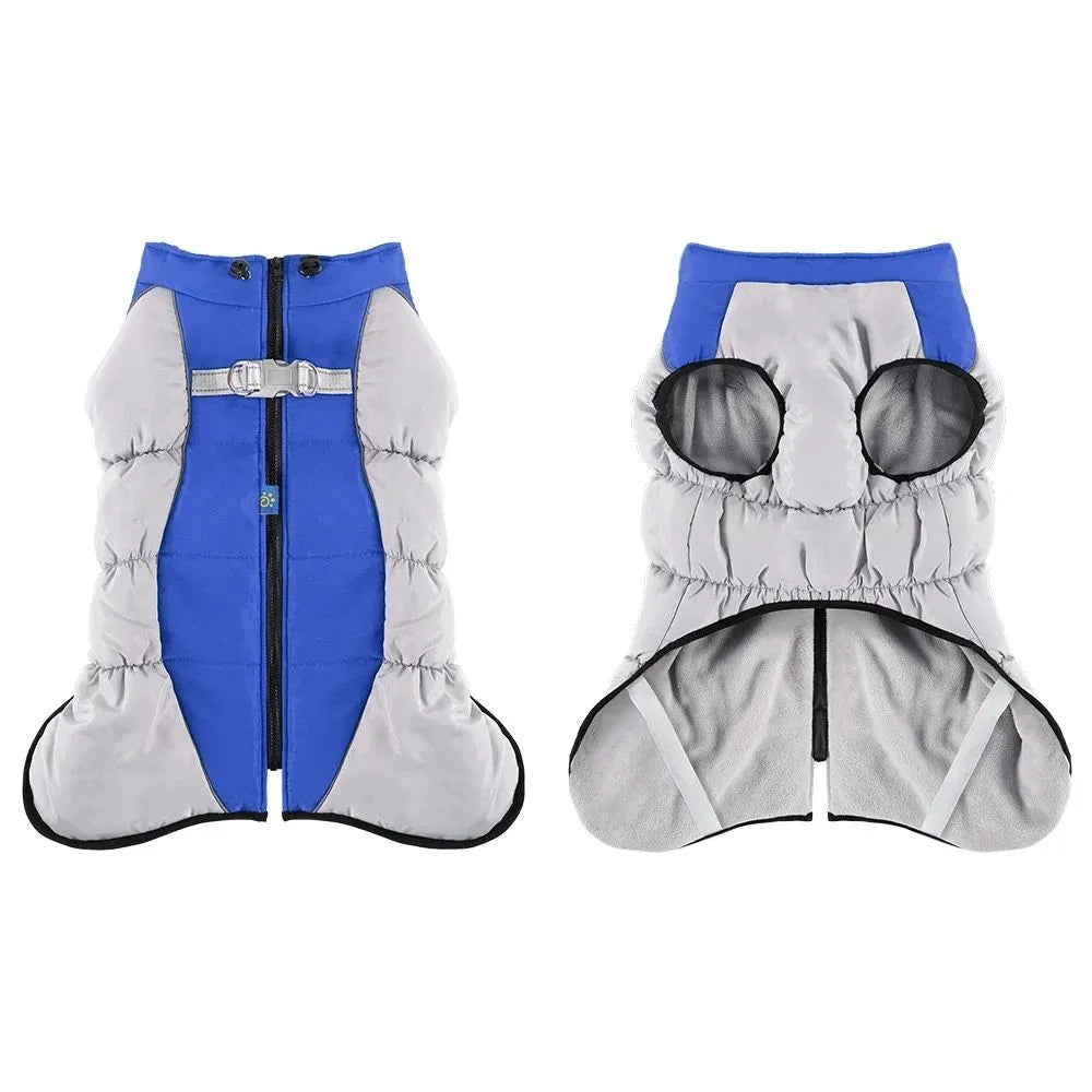 Waterproof dog jacket with built-in harness for large breed winter walks, available in multiple sizes and colours