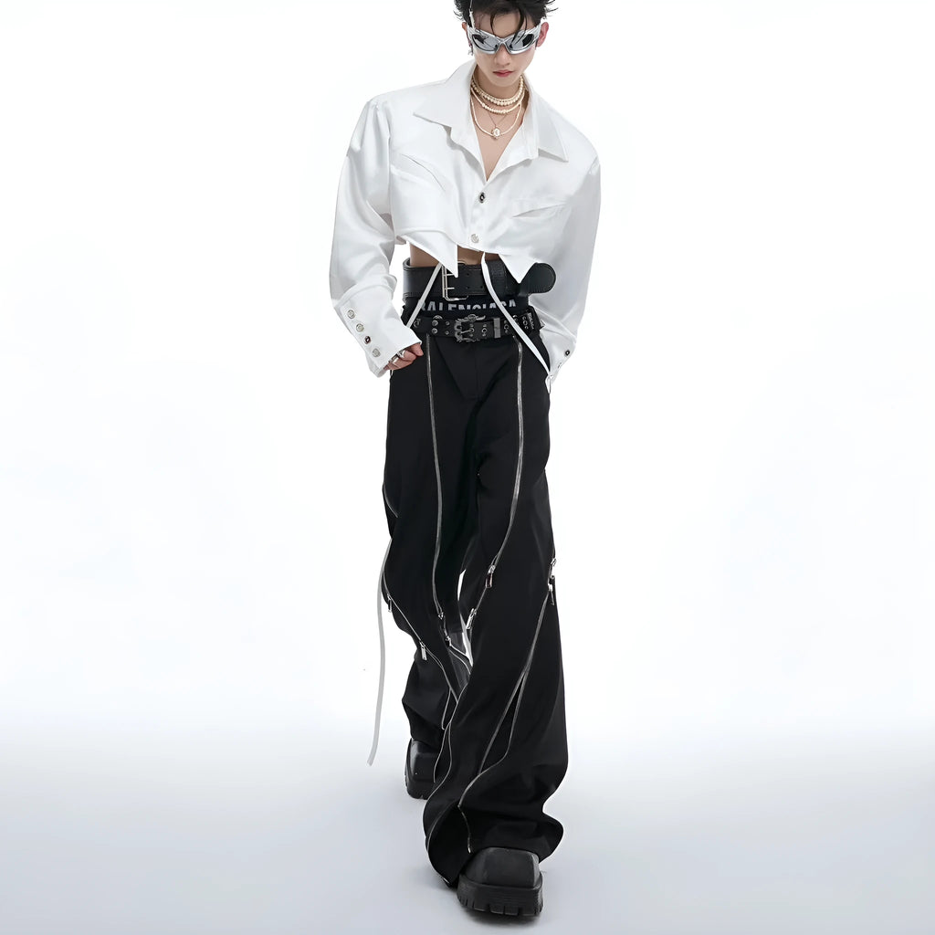 Men's polyester cotton straight leg casual trousers in black and white