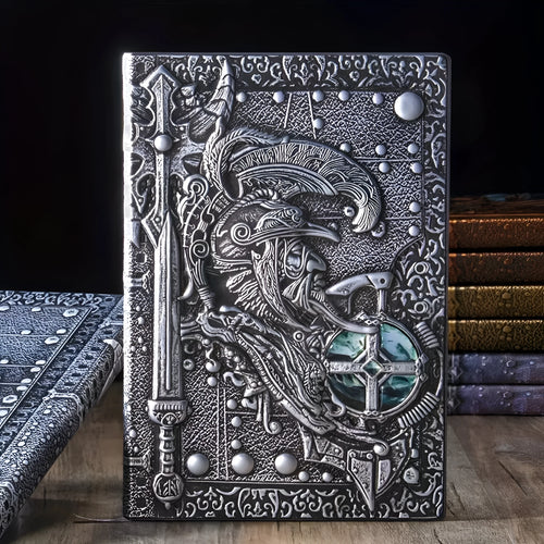 Handmade A5 leather notebook with 3D Warriors relief embossed design in metallic colours