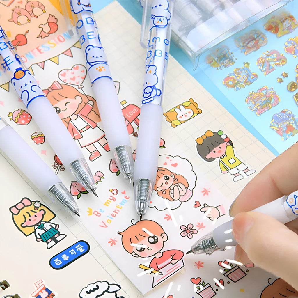 Six knife pens with different animal designs including bears and rabbits