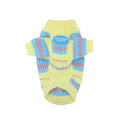 Blue and yellow striped wool sweater for a small dog, shown in size L.