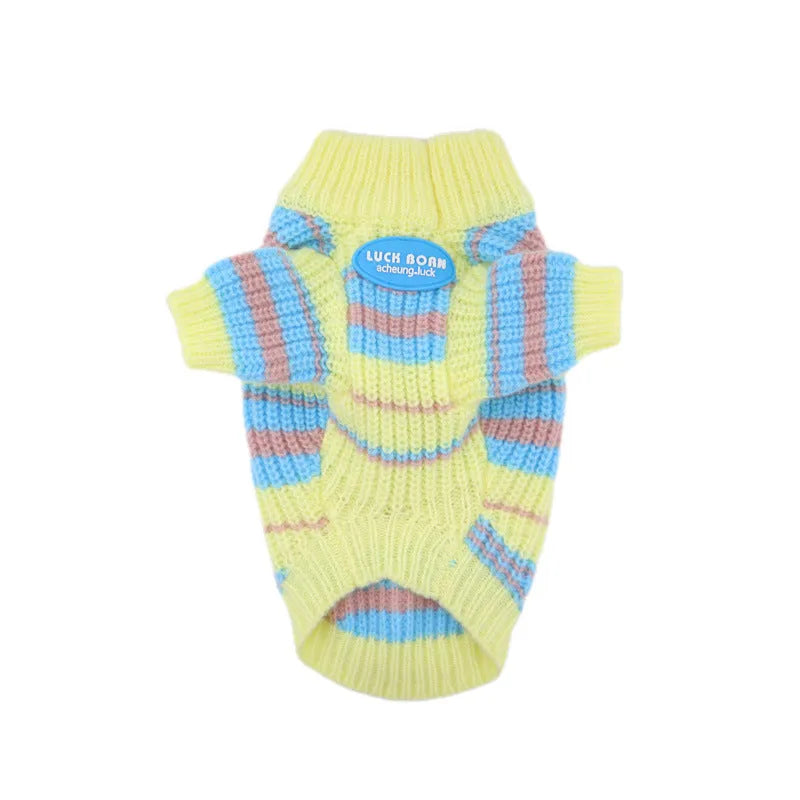 Blue and yellow striped wool sweater for a small dog, shown in size L.