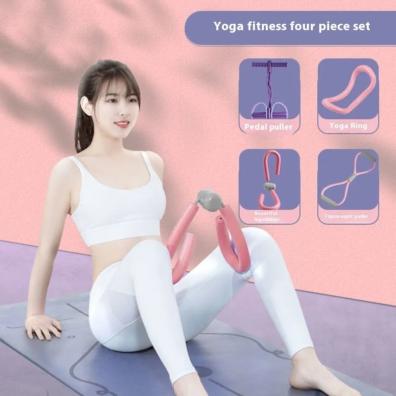 Yoga four piece fitness set showing leg stretching device, yoga ring, pedal puller, and figure eight tension rope
