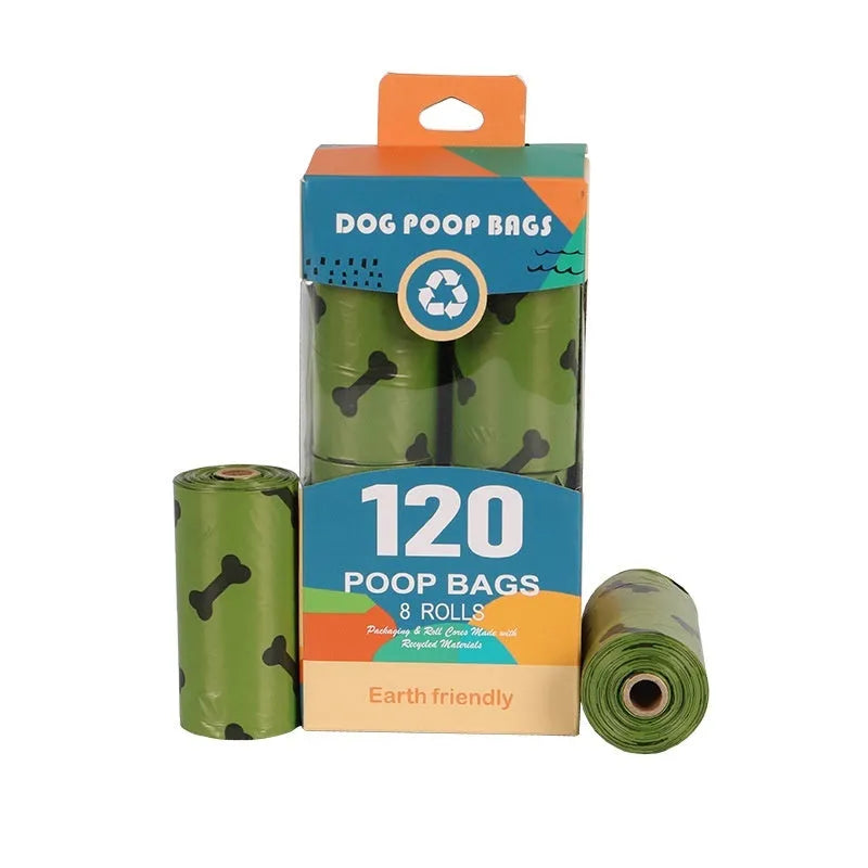 Military green degradable dog poop bags with black bone print, 23cm by 33cm size