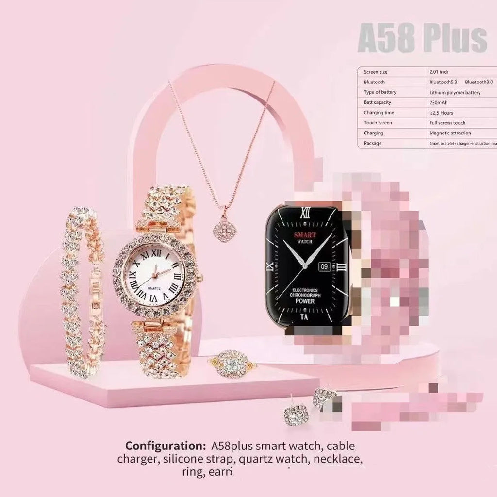 A58plus smart watch on wrist showing touch screen, with Bluetooth calling and multiple colour options.