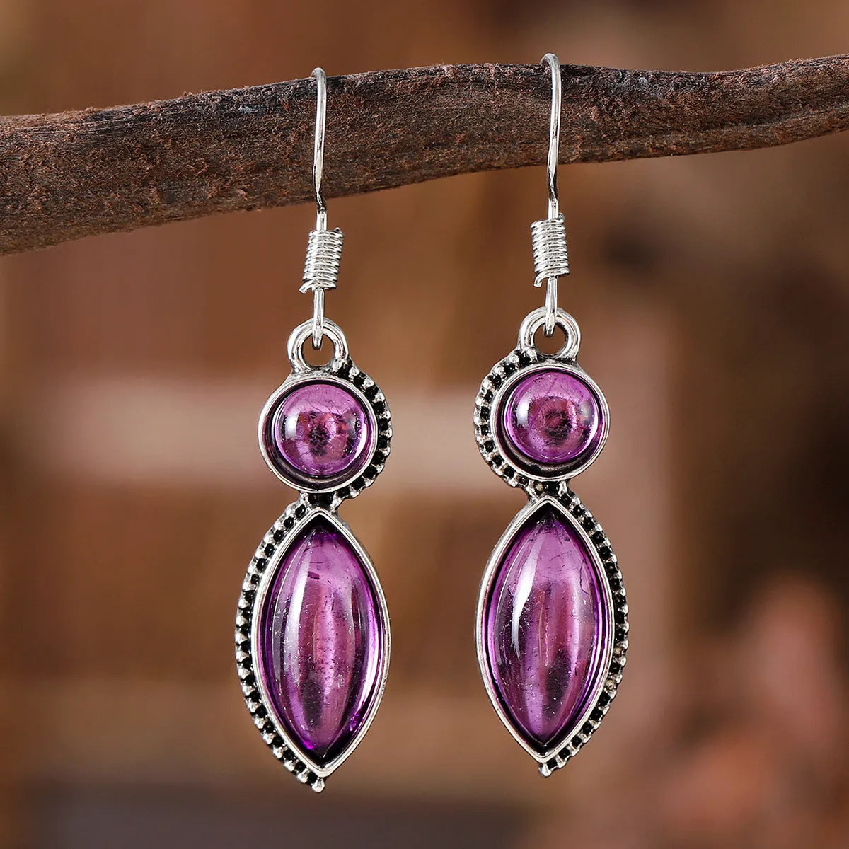 Vintage geometric earrings with black and purple colour pairing, zinc alloy construction with electroplated finish