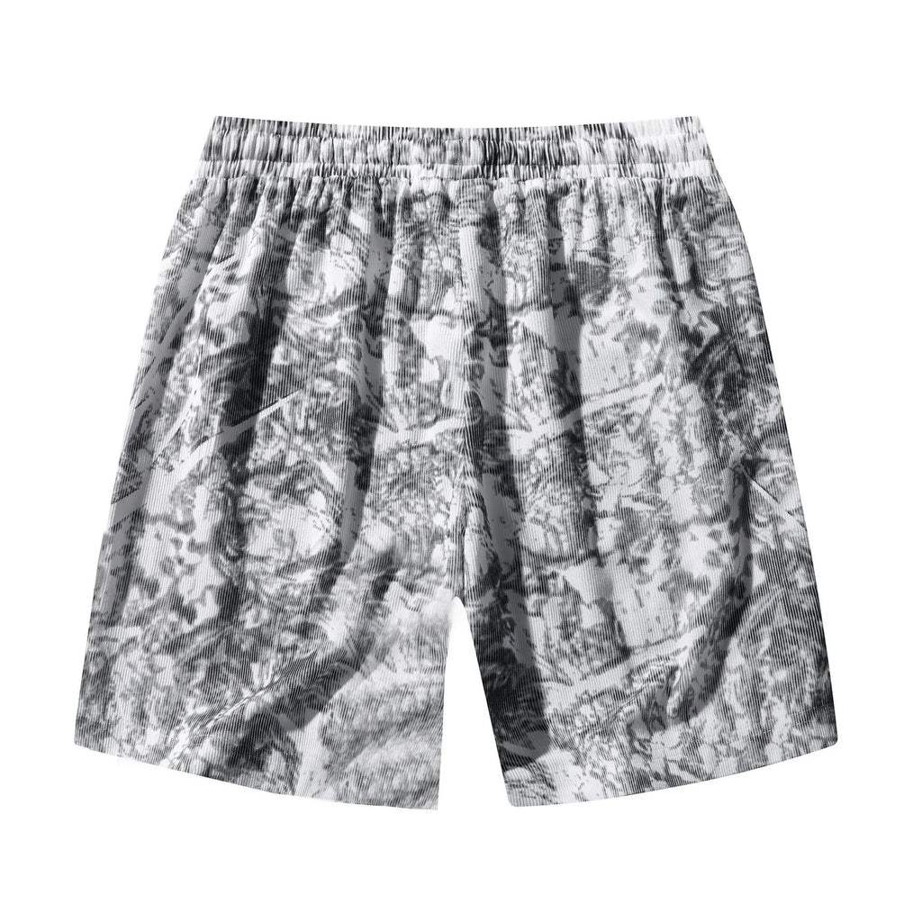 Men's camouflage patterned corduroy shorts with elastic high waistband in straight leg cut.