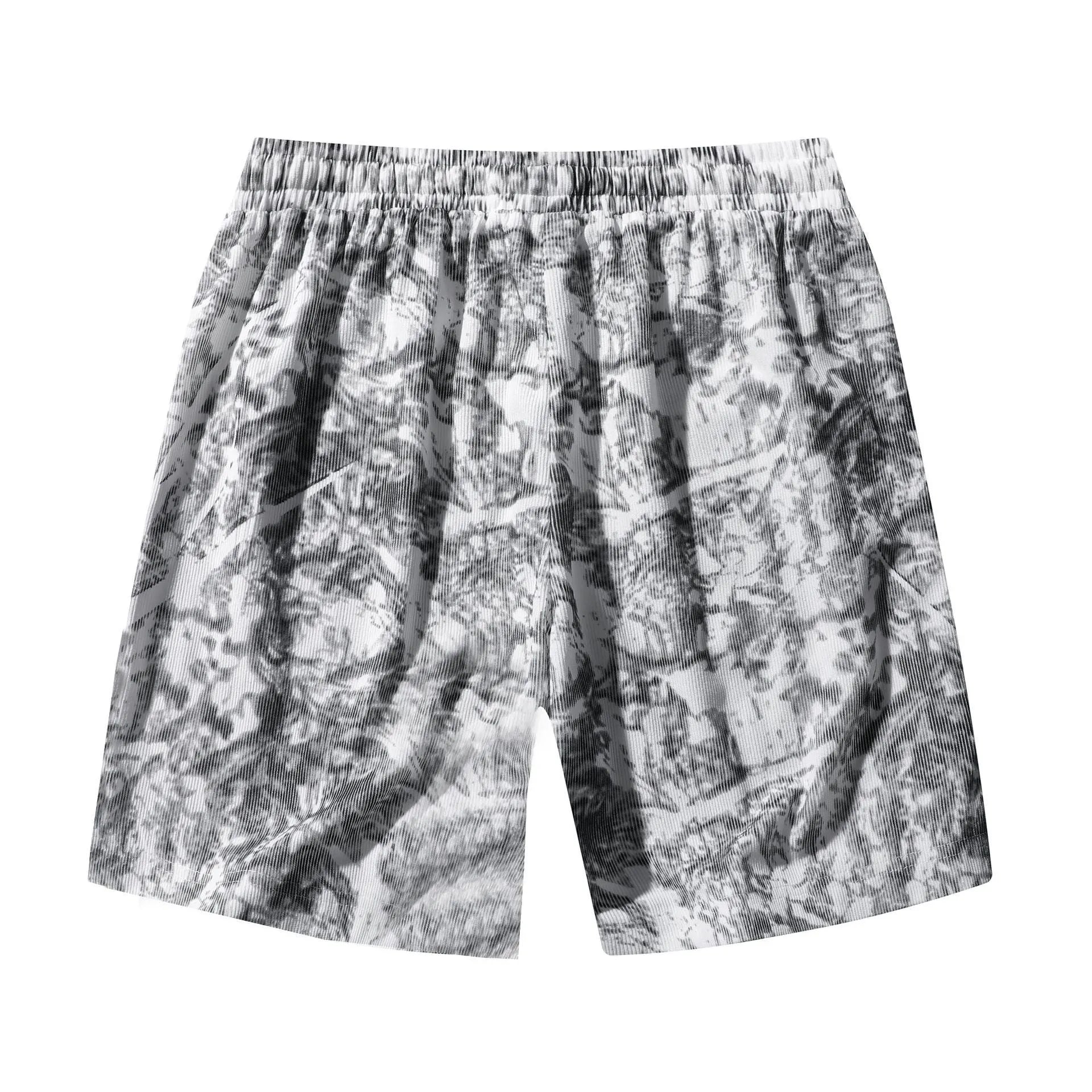 Men's camouflage patterned corduroy shorts with elastic high waistband in straight leg cut.