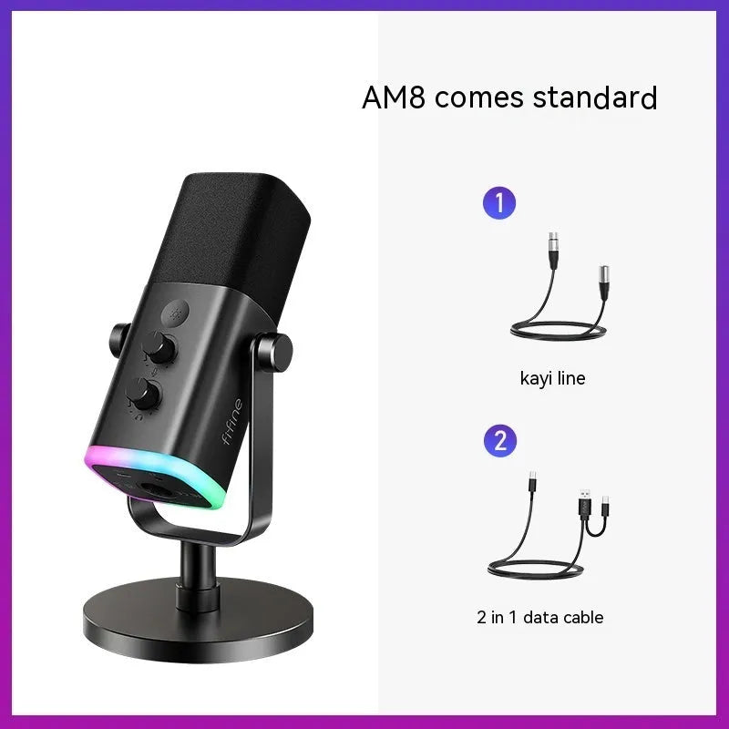 Dynamic noise reduction microphone in black, pink or white with XLR cable and desktop base