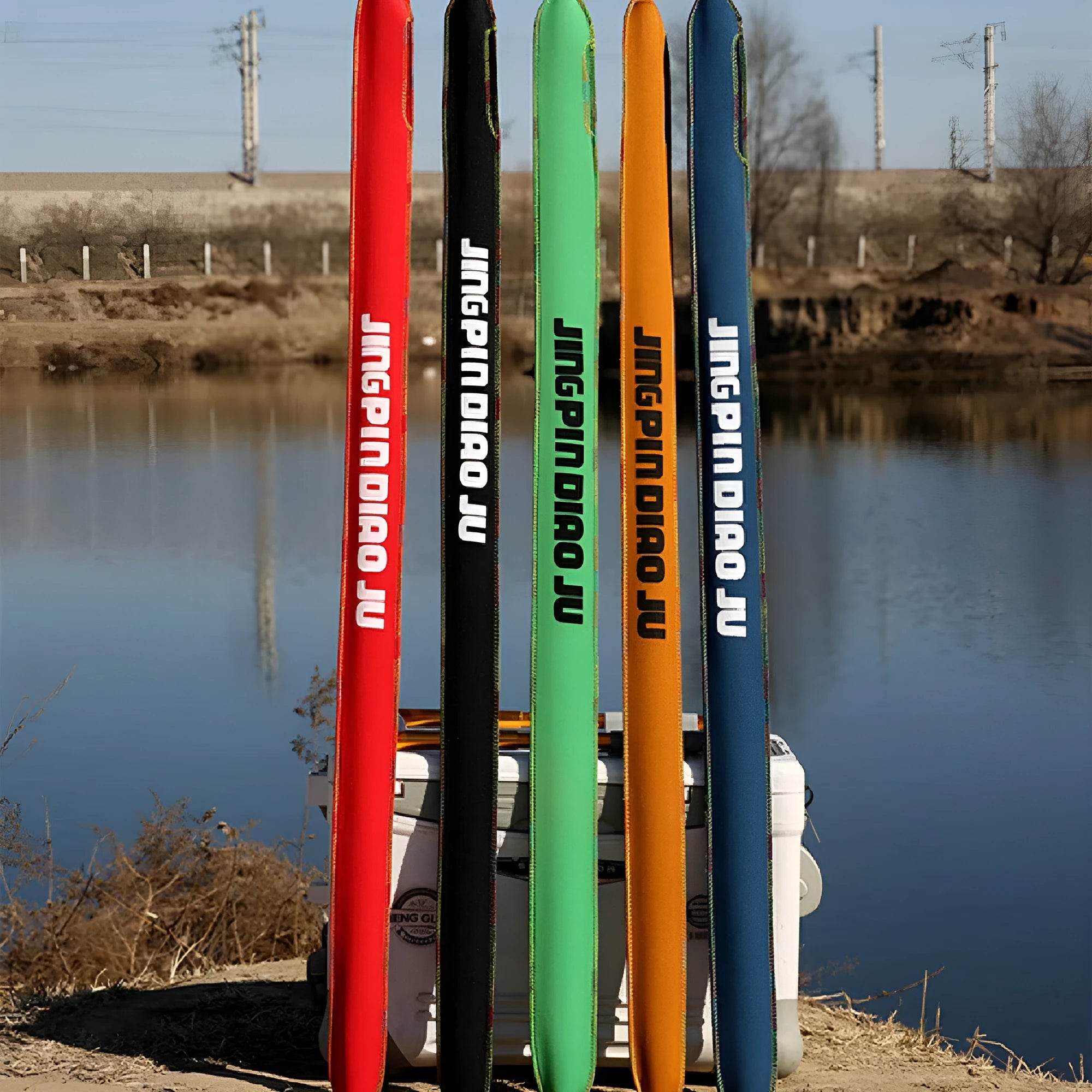 Brown cotton telescopic fishing rod carry bag measuring 95cm long, shown next to a fishing rod.