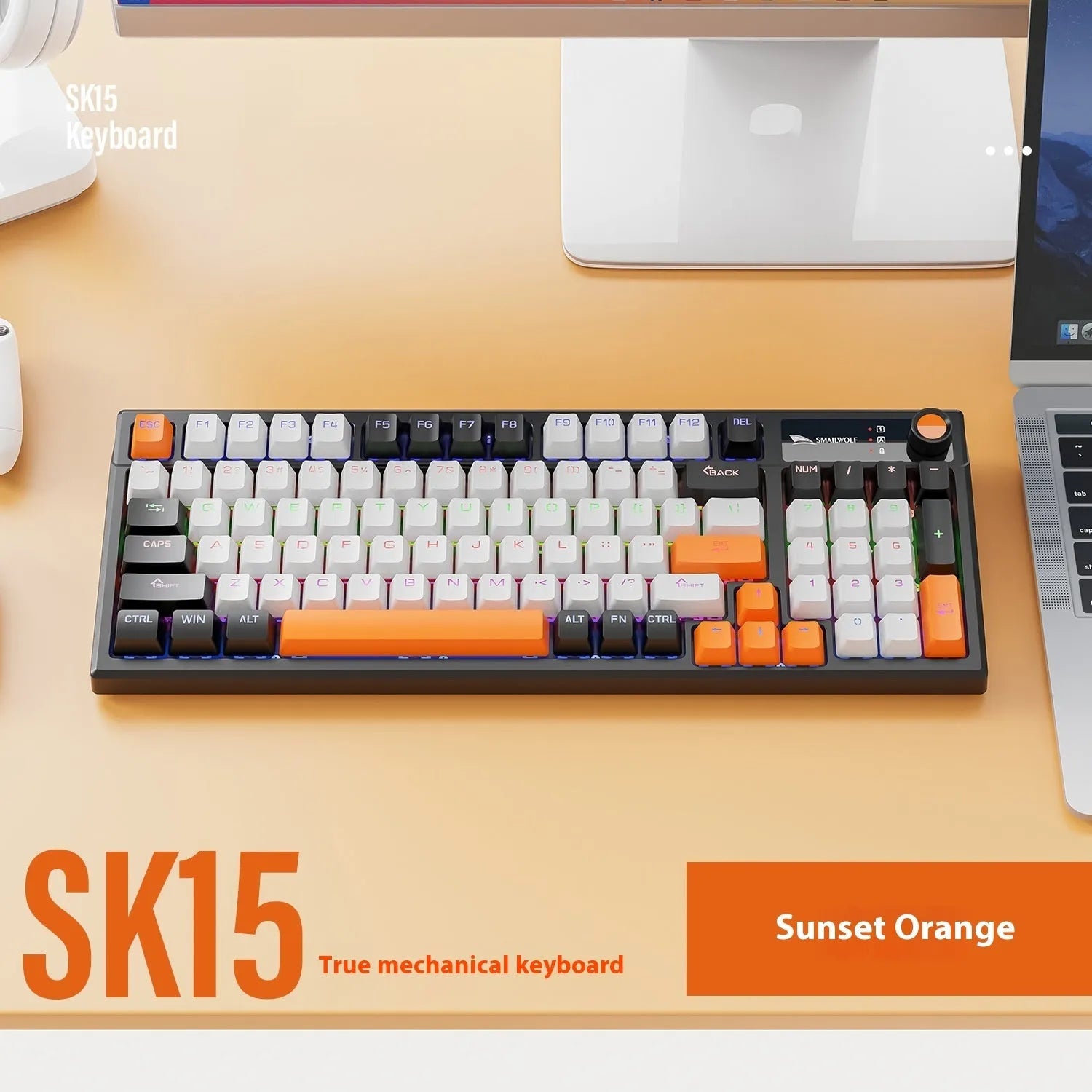 SK15 wired mechanical gaming keyboard with control knob in Autumn Water Blue colour on desk beside laptop