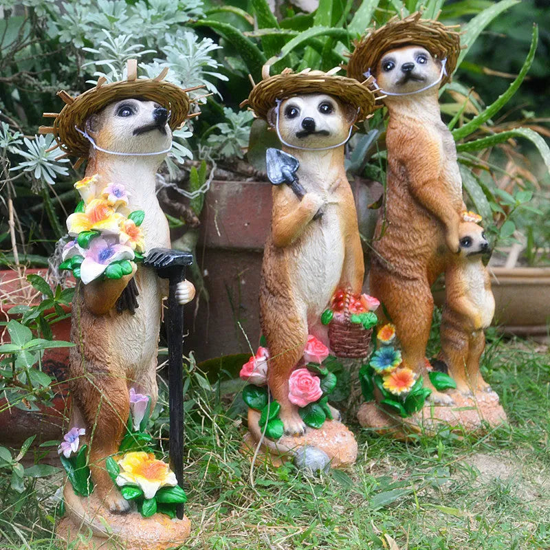 Three yellow-brown straw hat mongoose resin ornaments for bonsai gardening decoration