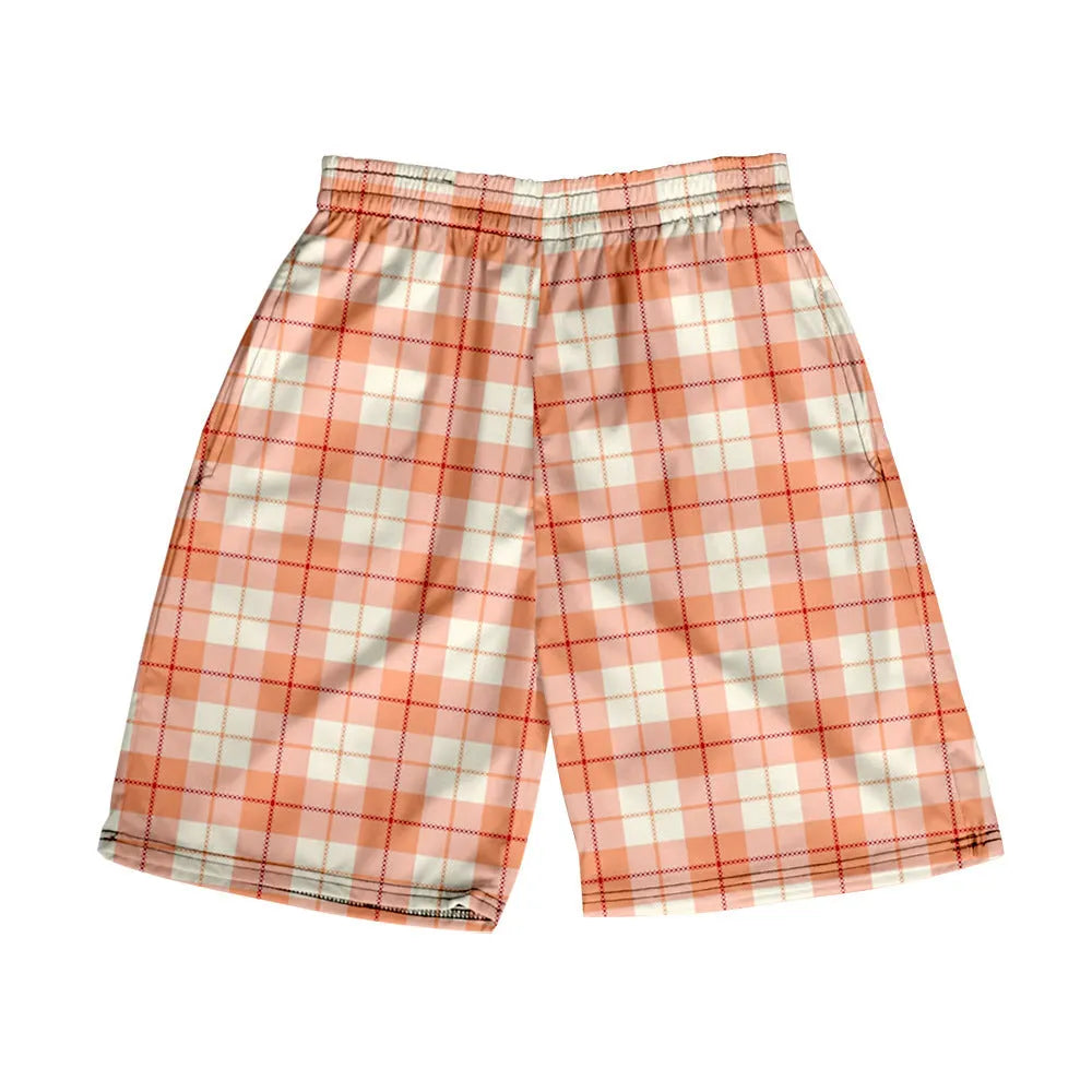 A pair of men's plaid pattern shorts with an elastic waistband, shown in a solid colour.