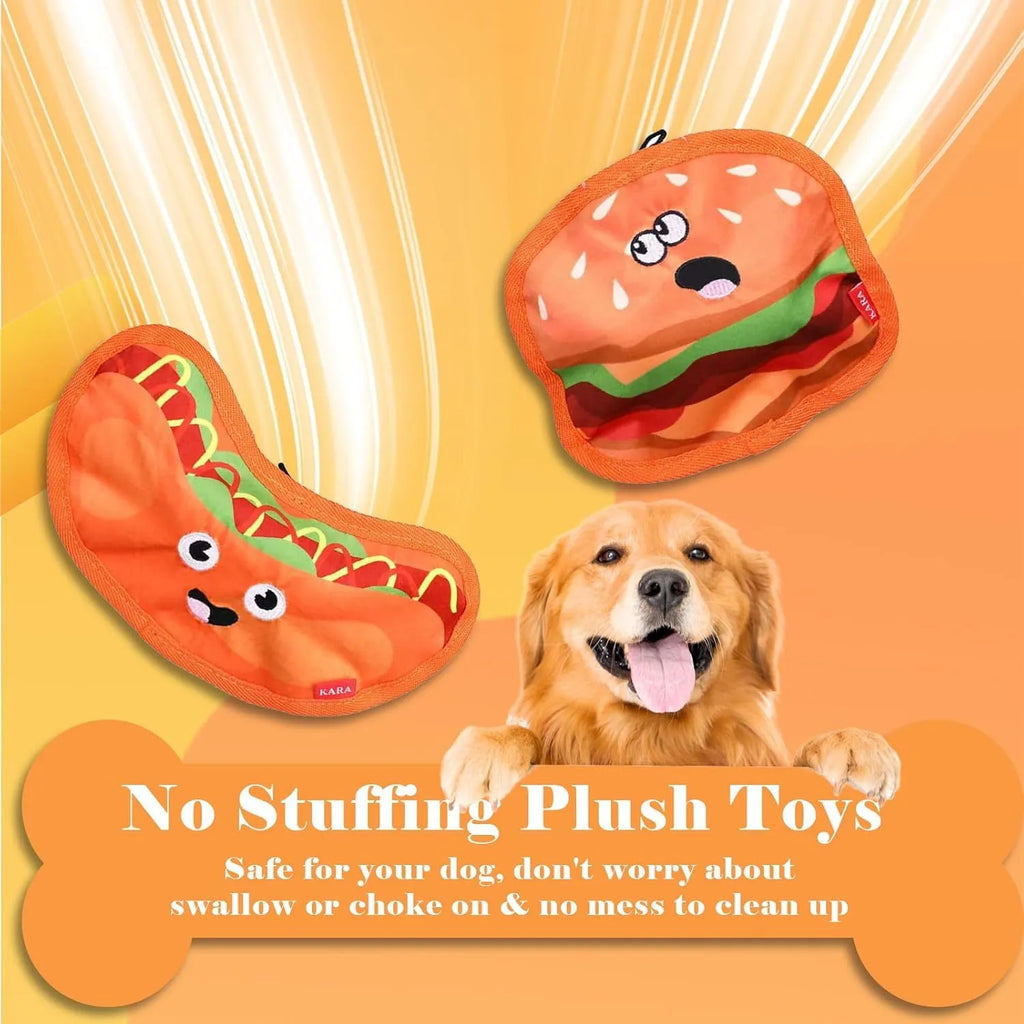 Food-themed dog chew toy in a hamburger design with red, yellow, and green colours, showcasing its no-stuffing construction.