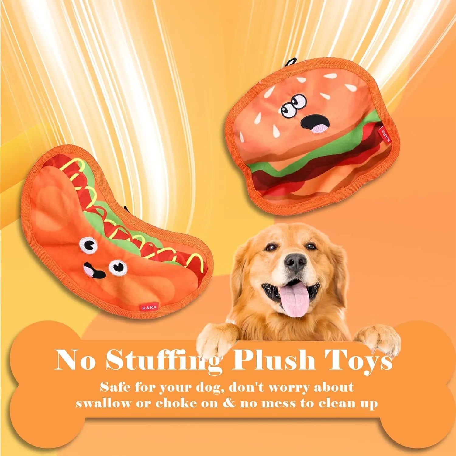 Food-themed dog chew toy in a hamburger design with red, yellow, and green colours, showcasing its no-stuffing construction.