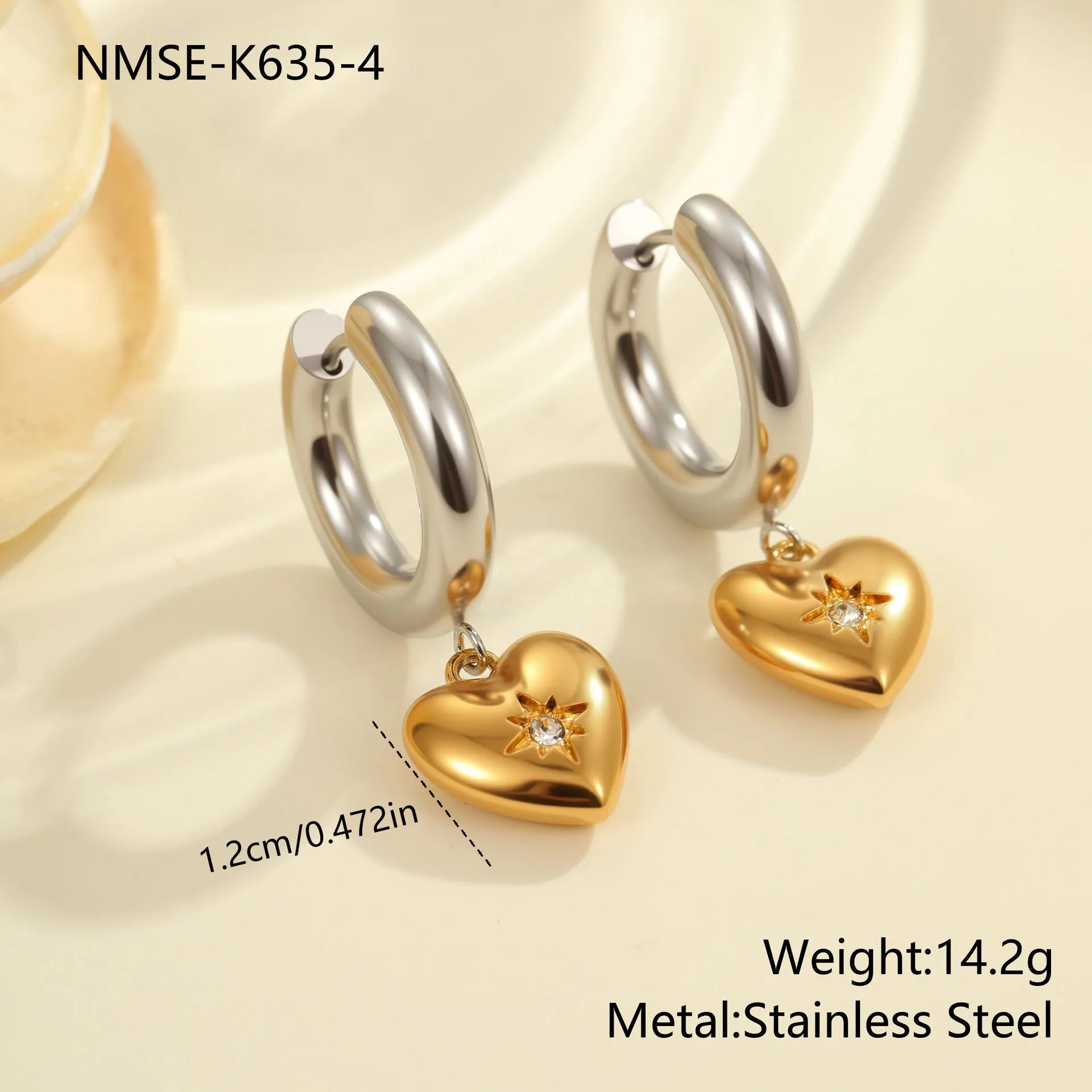 Christmas tree shaped stainless steel earrings with 18K gold electroplated finish and heart star geometric accents