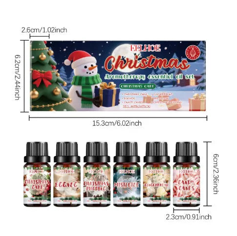 Christmas aromatherapy oil set showing six 60ml bottles with warm home fragrances