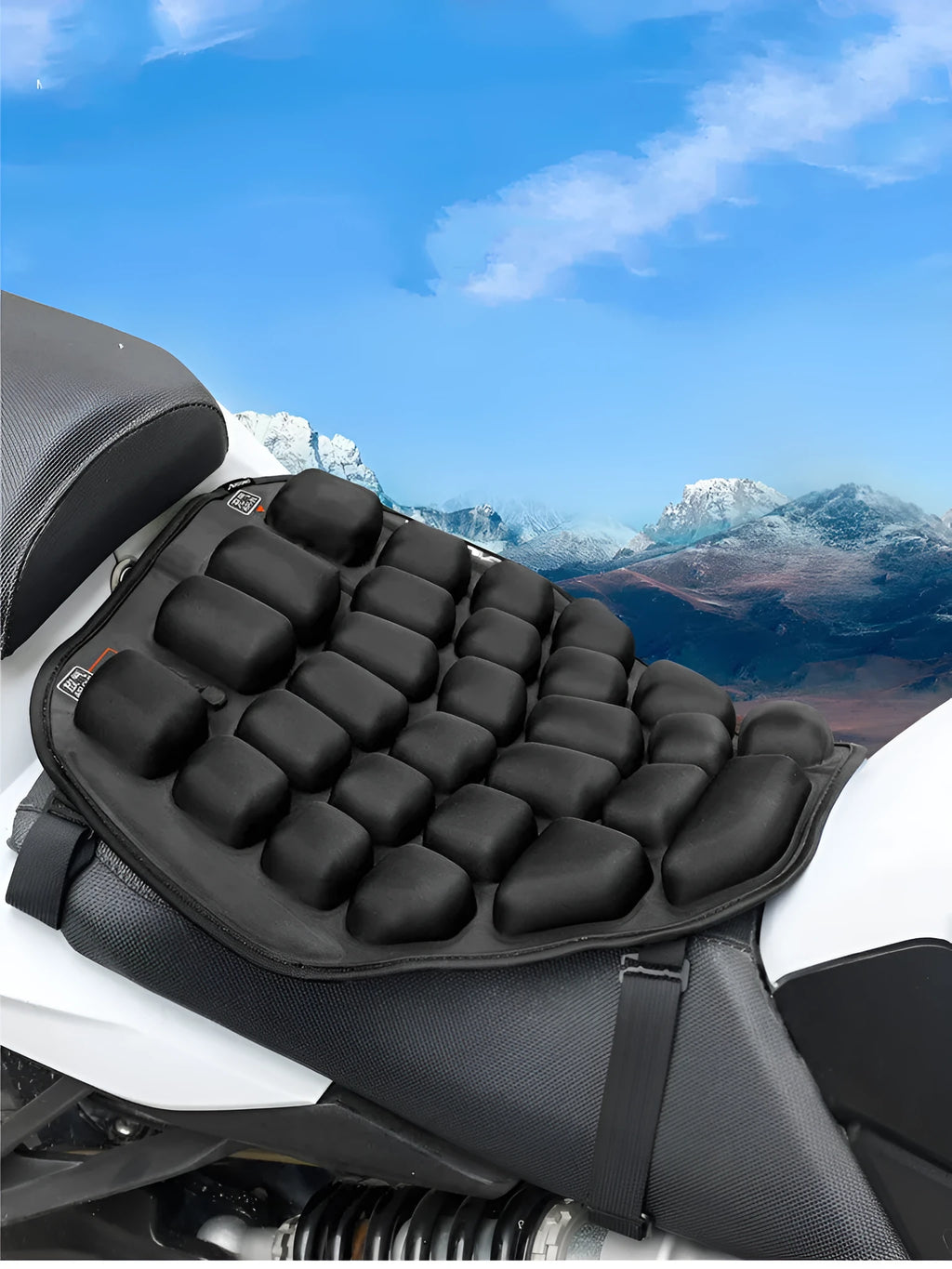 Jiusong Starry Black inflatable motorcycle seat cushion with 3D airbag, 355x385mm, shows PU leather and strap attachment