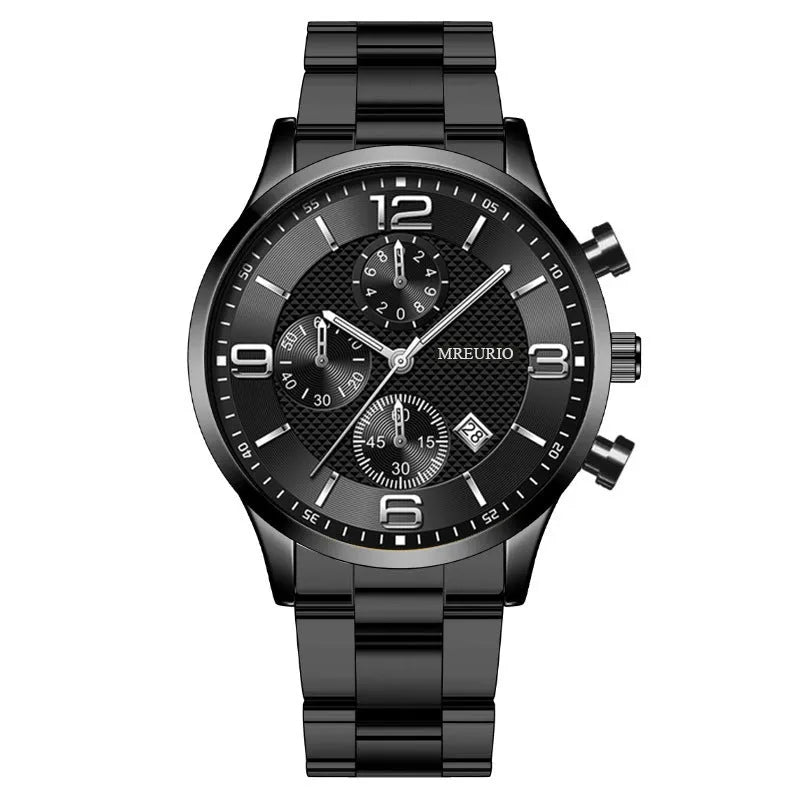 Fashion Numbers Three-eye Calendar Men's Watch with black dial and silver case, 9.5mm thickness