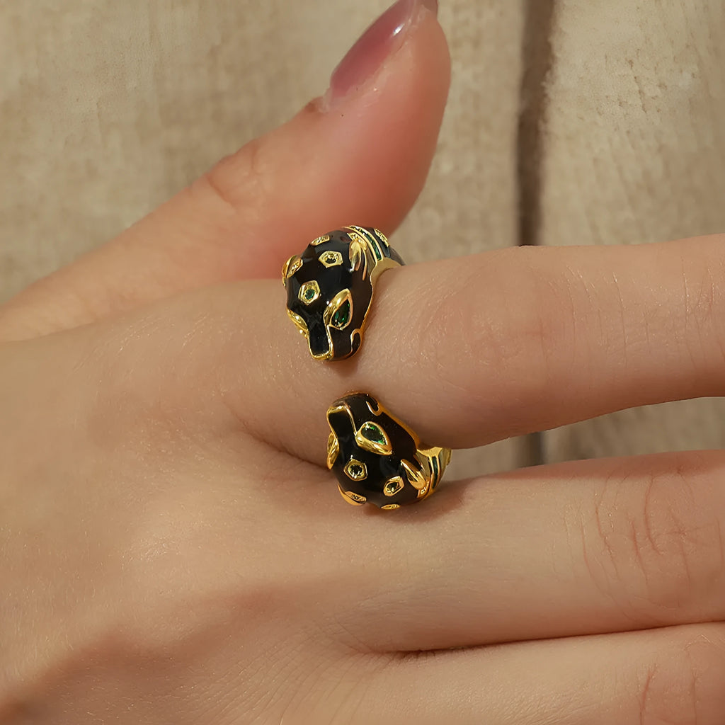 Women's black cheetah print open ring with geometric design and electroplated copper construction