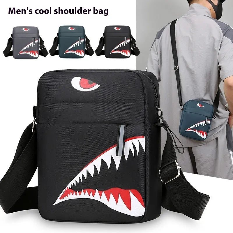 Men's black Oxford cloth crossbody bag with animal pattern design and shoulder strap