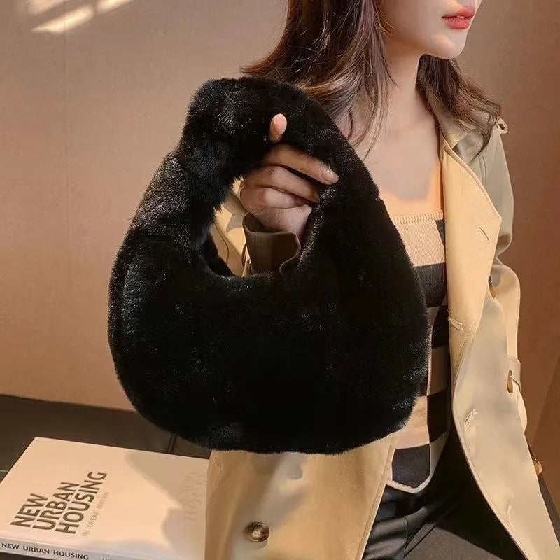 Plush dumpling bag in apricot colour, soft textured handheld handbag with polyester lining