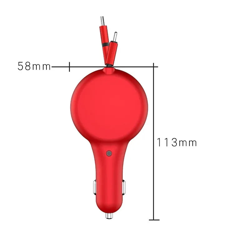 Black retractable car charger with extended cables showing three charging heads and USB port