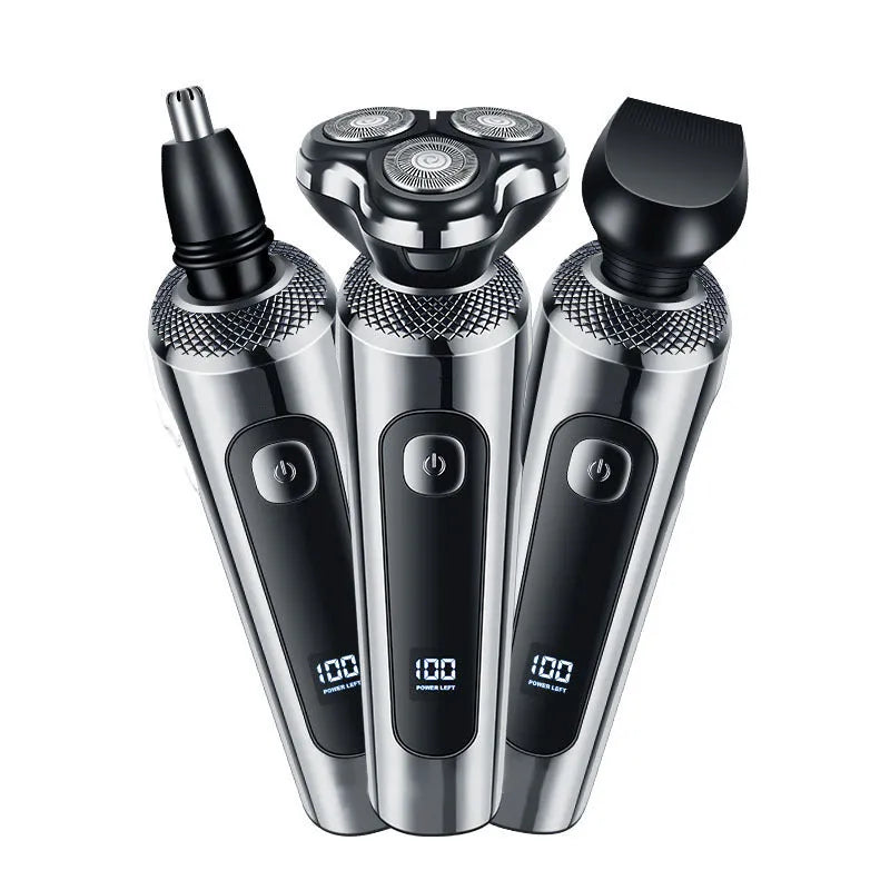 Digital display USB rechargeable beard scraper with washable floating cutter head on five-in-one base.