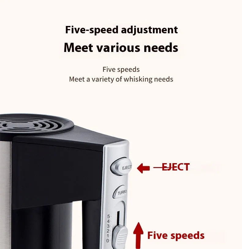 Hand-held electric whisk mixer with five speed settings for baking tasks